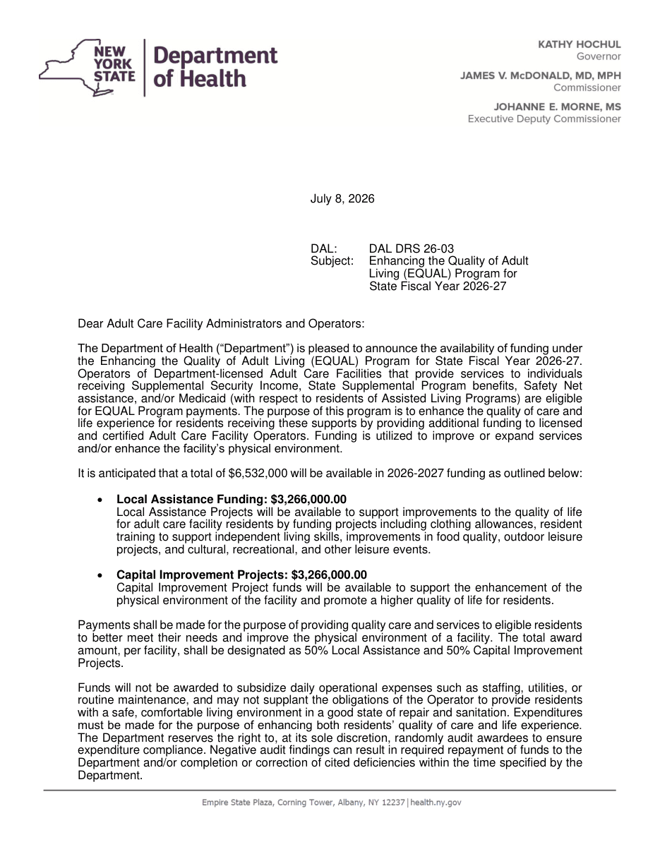 2026-27 EQUAL Grant Notice letter from the NYS Department of Health, first page